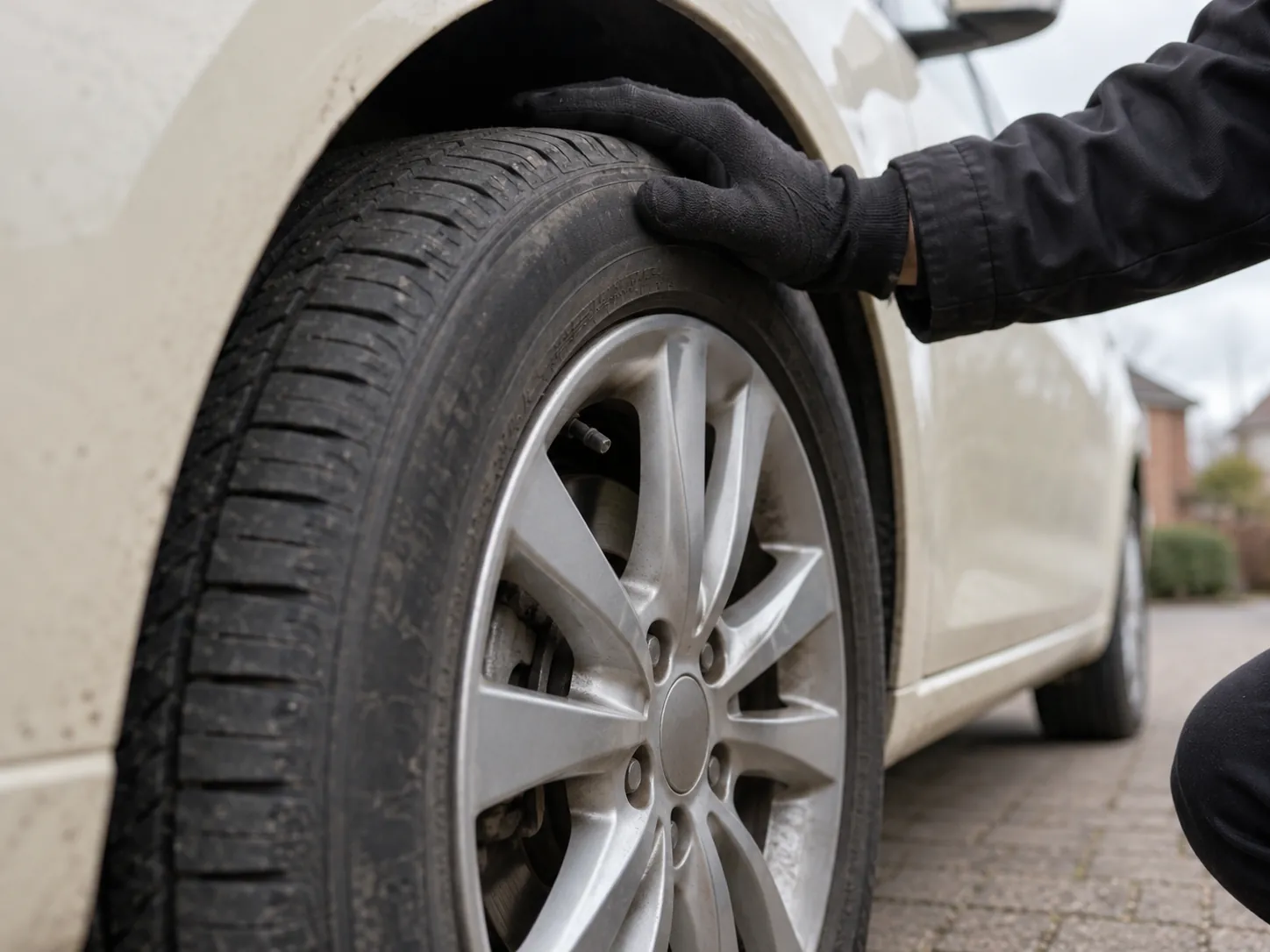 Checking a car tyre sidewall and condition on a home driveway