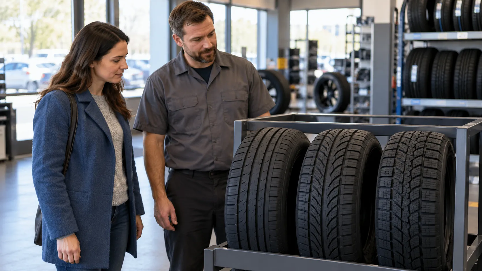 Customer choosing a tyre with a fitter at a tyre shop
