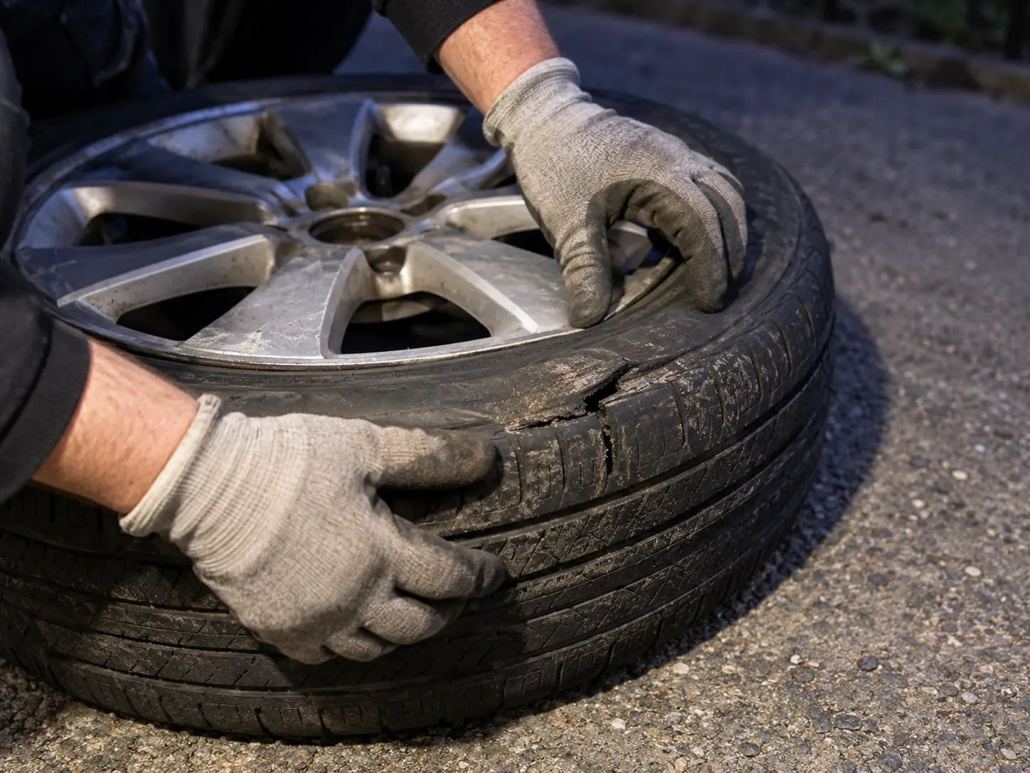 Rapid Mobile Tyres technician inspecting a damaged tyre sidewall