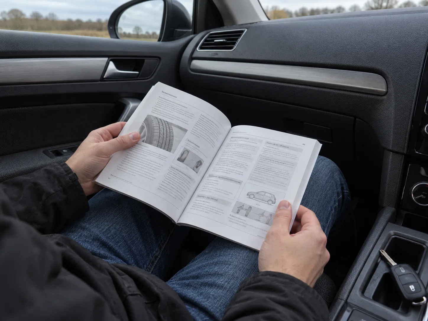 Driver reading the tyre information section of a car handbook