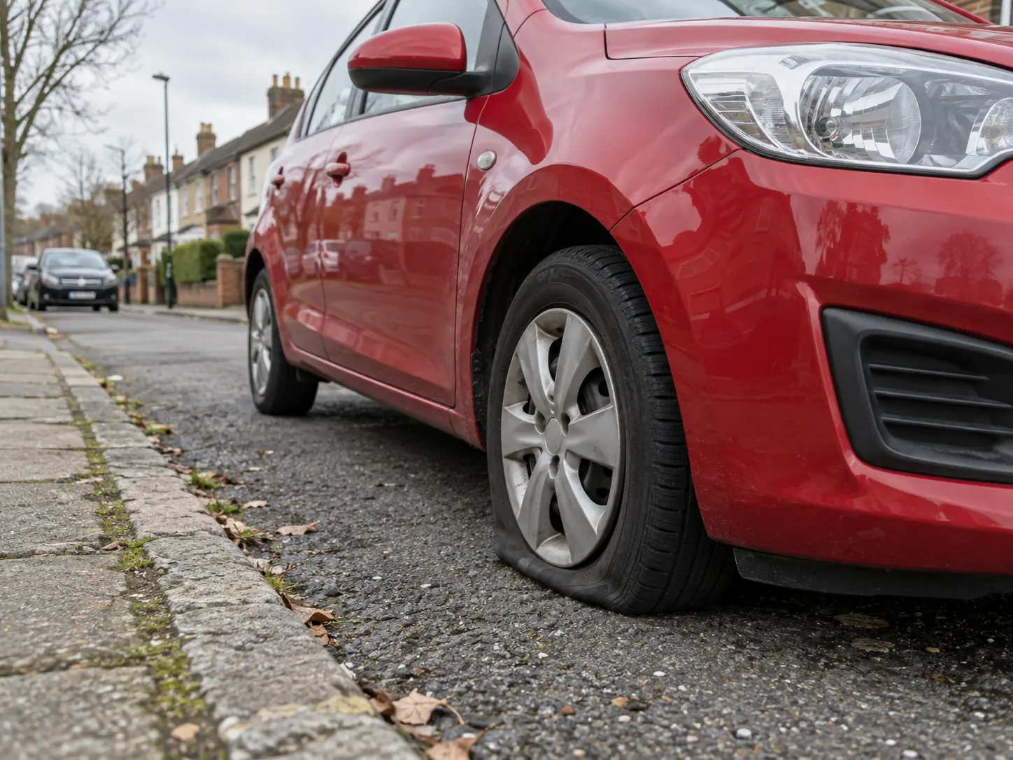 A car with a flat tyre parked at the roadside