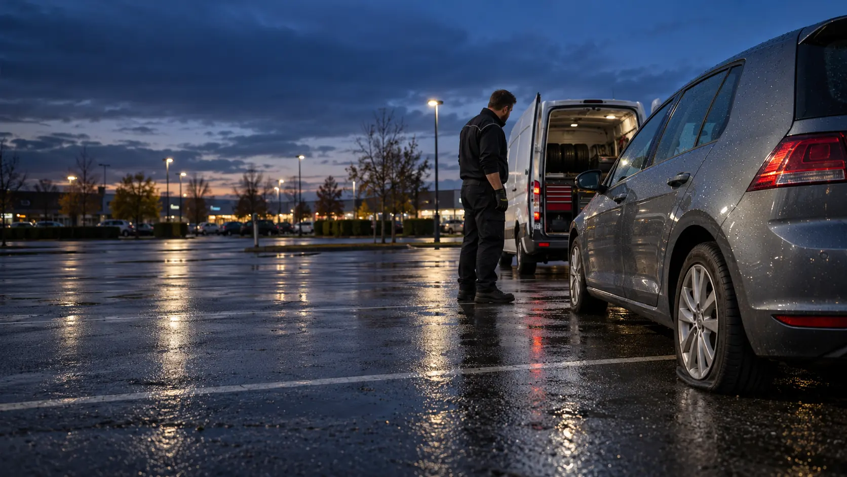 Rapid Mobile Tyres technician attending an evening emergency callout in a car park