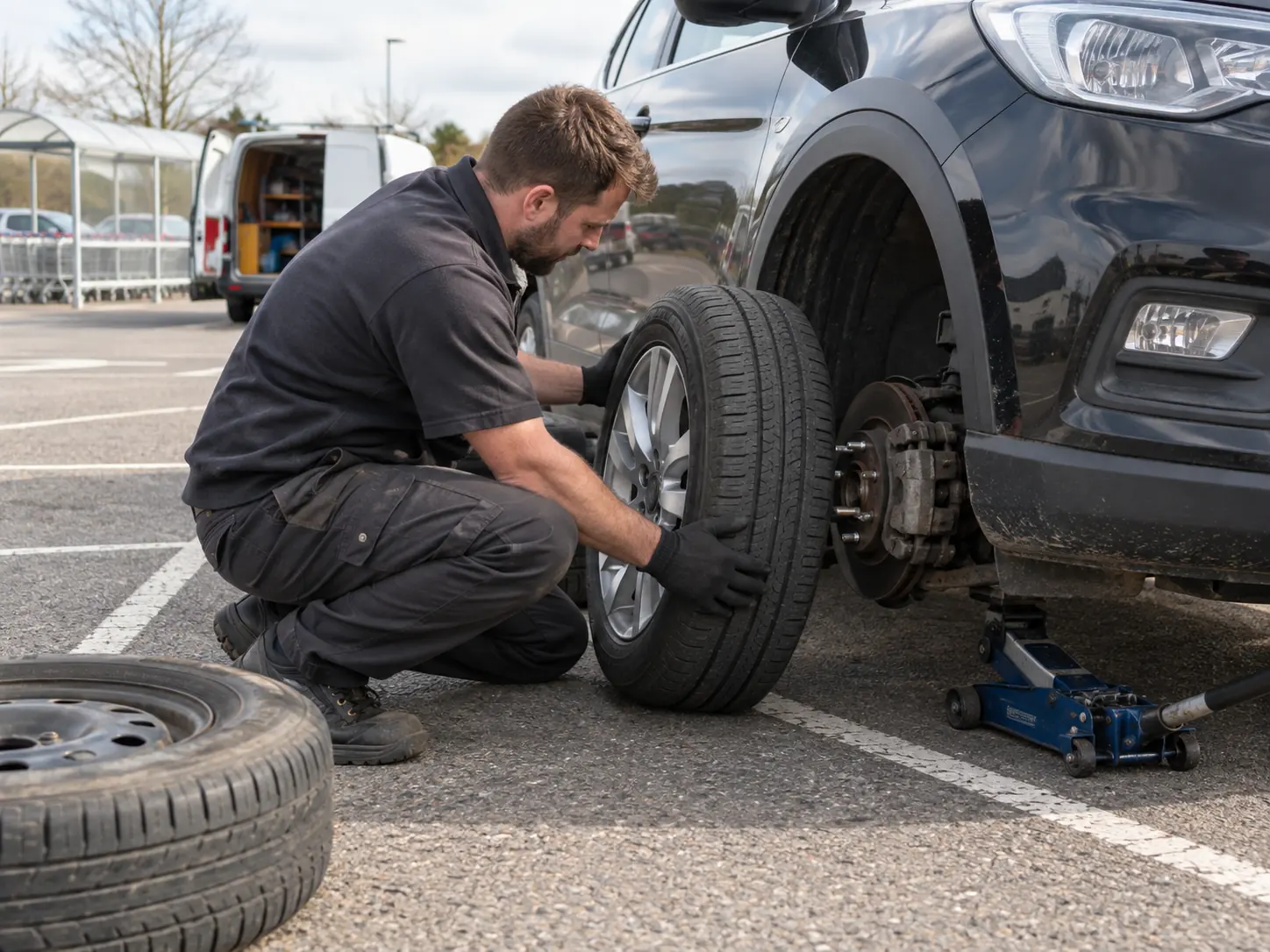 Rapid Mobile Tyres technician replacing a wheel on a jacked-up SUV on site