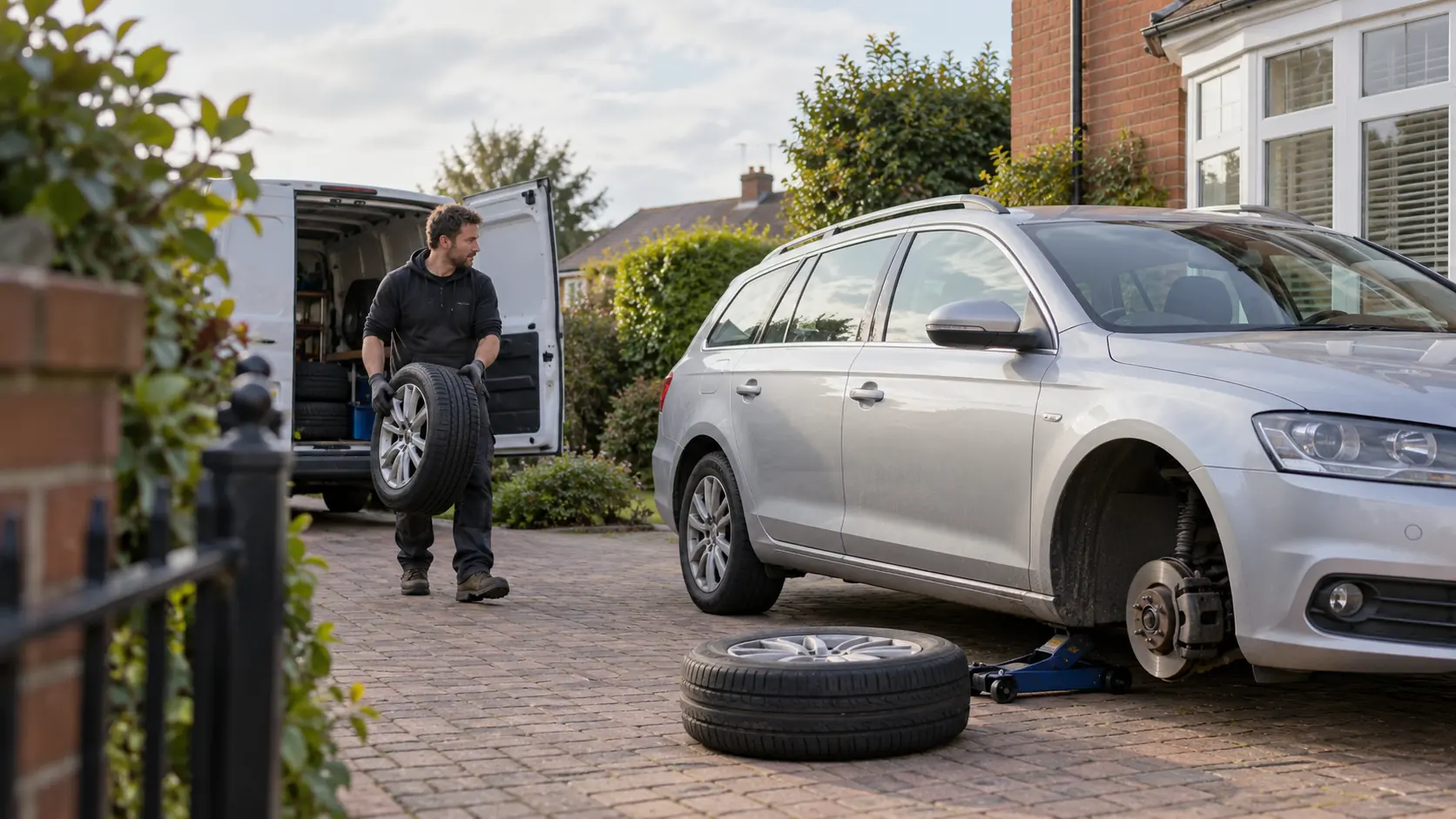 Rapid Mobile Tyres technician bringing a replacement wheel to a car on a home driveway