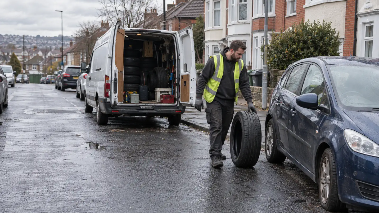 Rapid Mobile Tyres technician fitting a tyre in Bristol