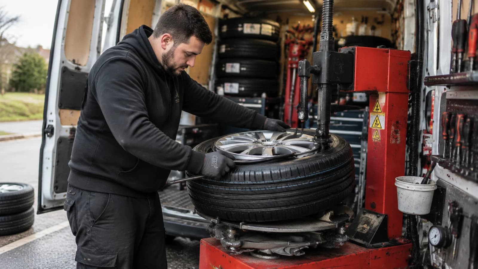 Rapid Mobile Tyres technician fitting a new tyre to a wheel on a mobile tyre-changing machine