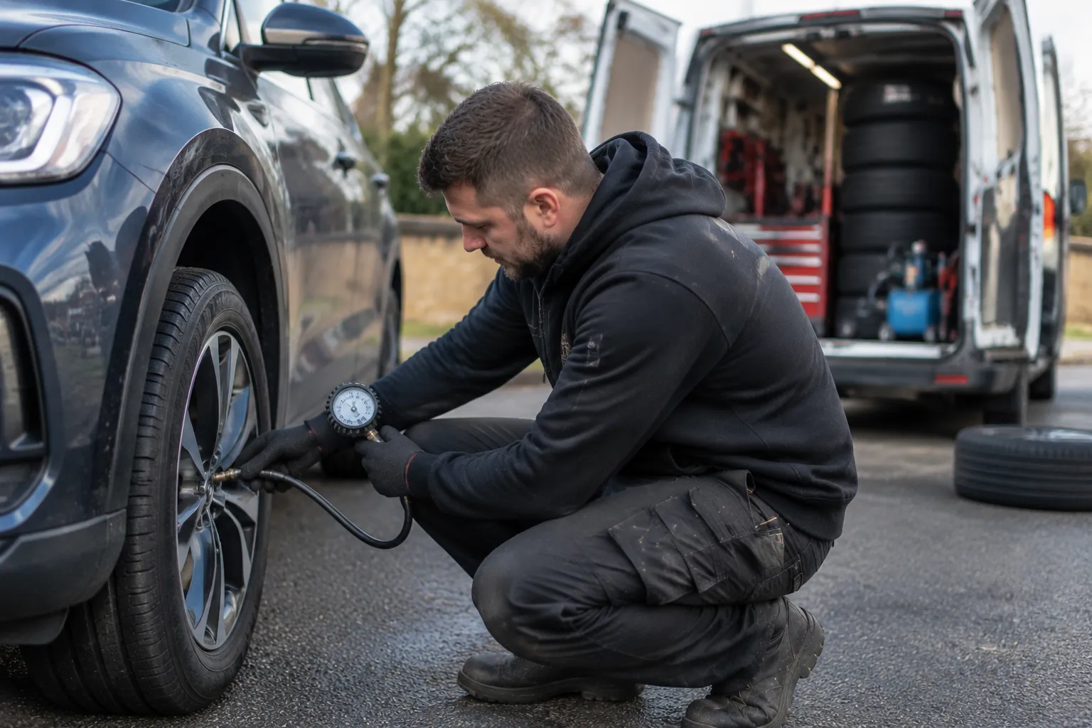 Rapid Mobile Tyres technician checking a car's tyre pressure with a gauge