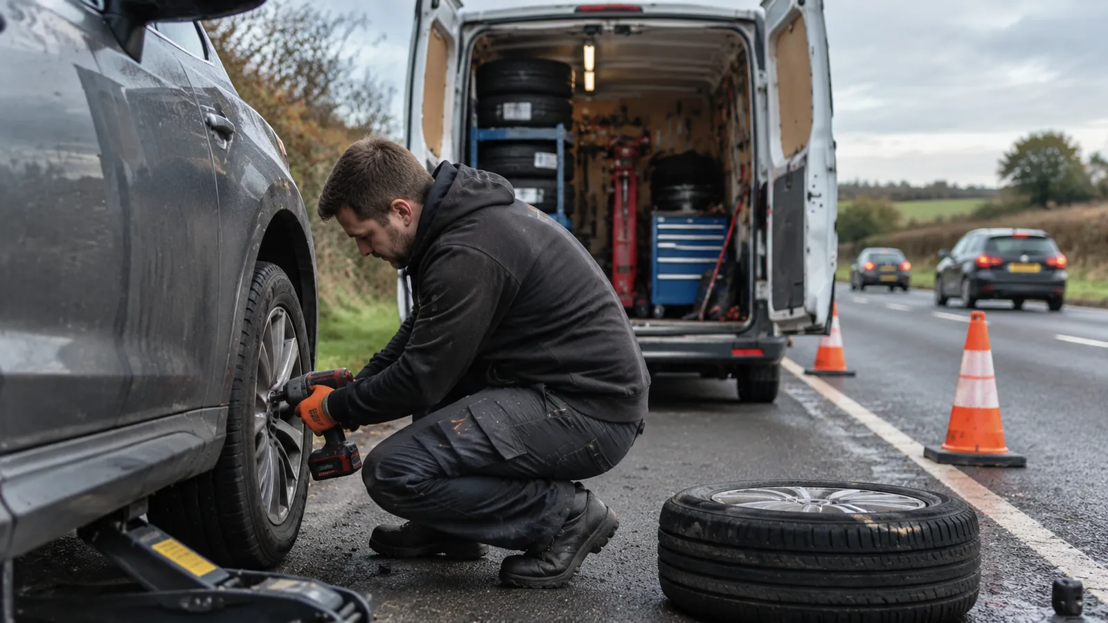 Rapid Mobile Tyres technician fitting a car tyre at the roadside