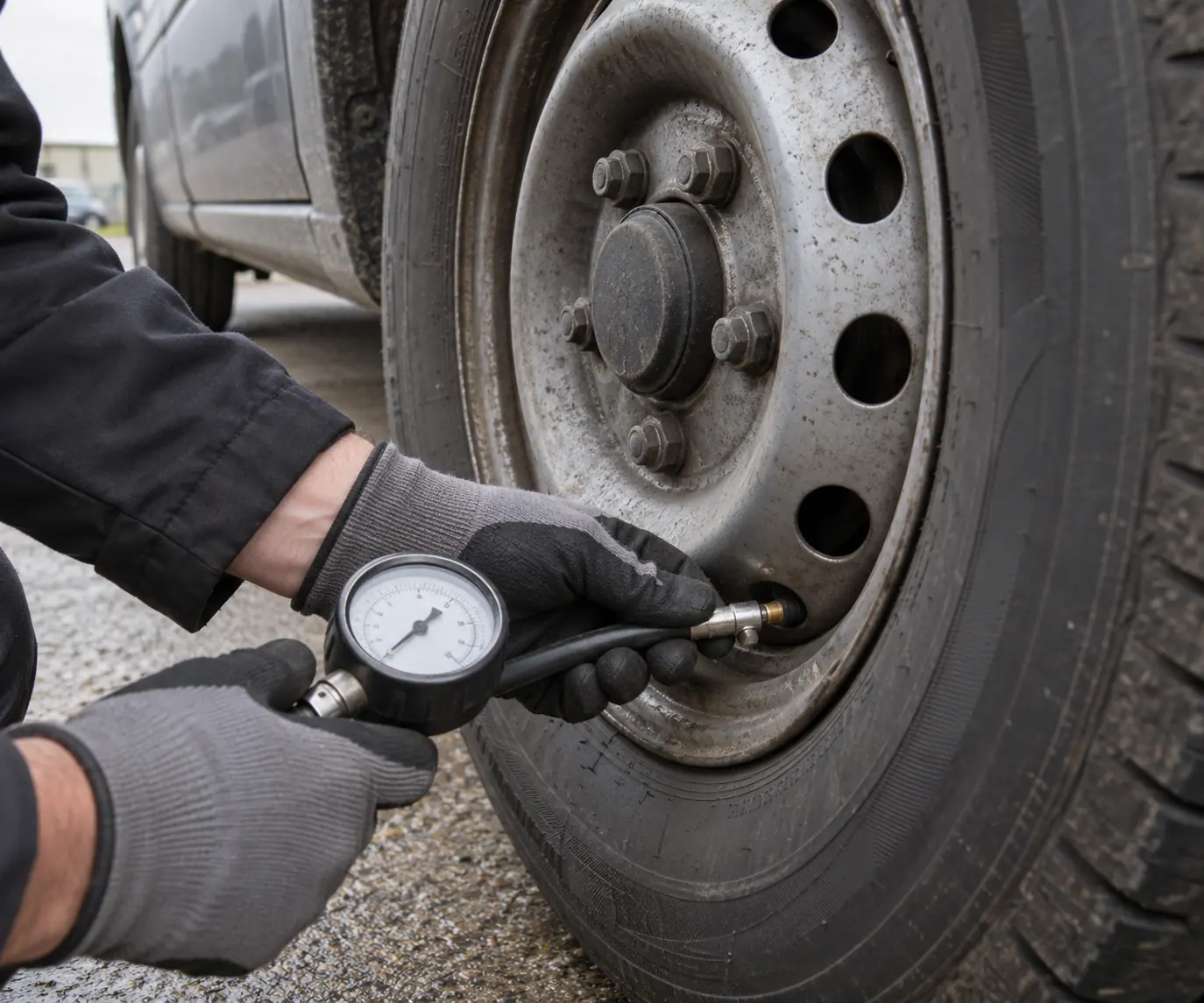 Rapid Mobile Tyres technician checking a van tyre's pressure with a gauge