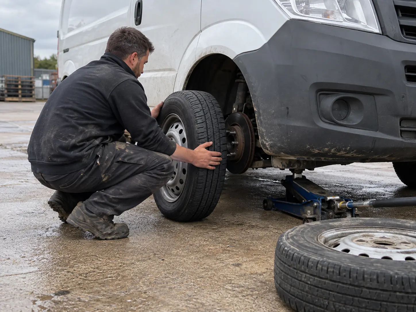Rapid Mobile Tyres technician fitting a replacement wheel to a jacked-up van