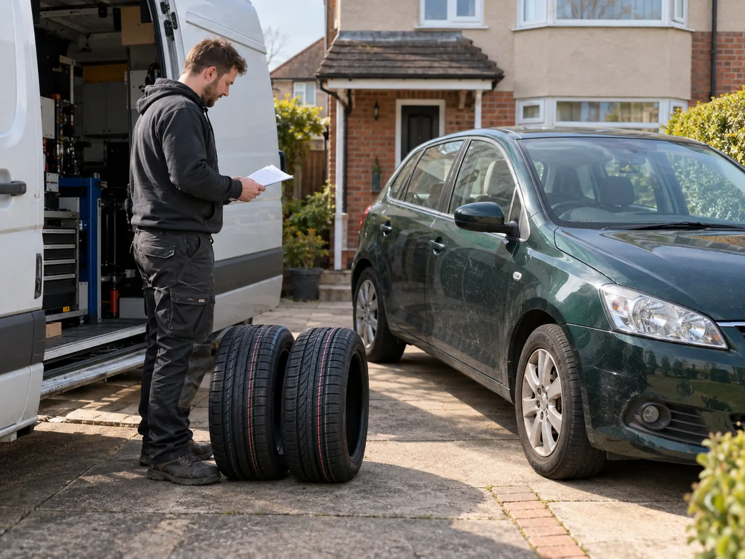 Rapid Mobile Tyres technician bringing new tyres from the van to a car on a driveway