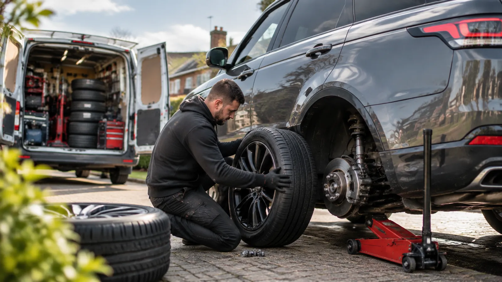 Rapid Mobile Tyres technician fitting a tyre to a jacked-up SUV on a driveway