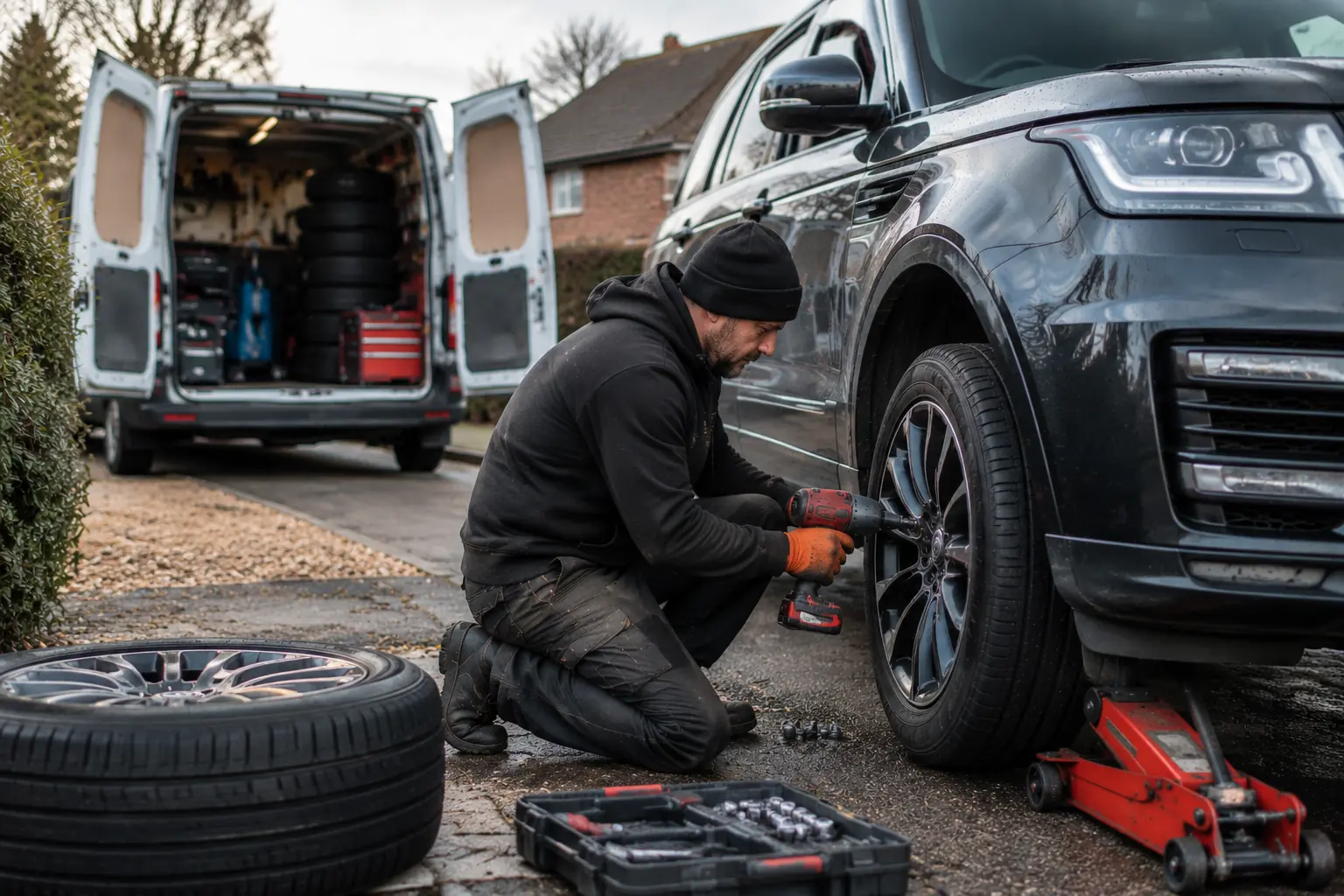 Rapid Mobile Tyres technician using an impact wrench to fit a wheel on a jacked-up SUV