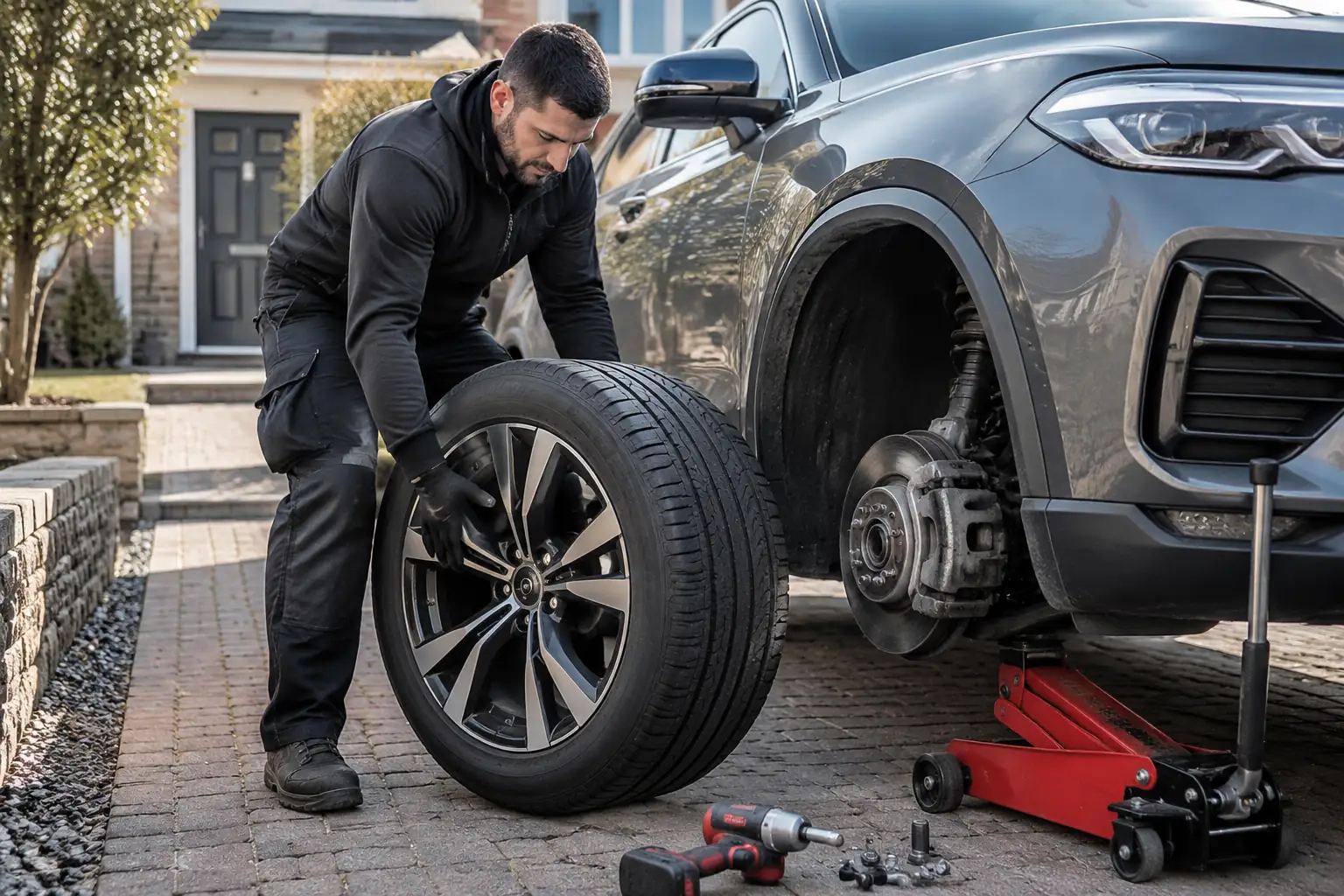 Rapid Mobile Tyres technician bringing a replacement wheel to an SUV on a driveway