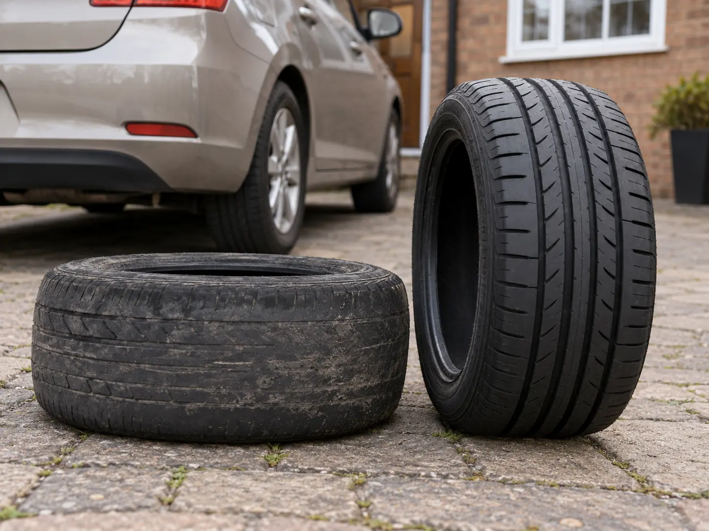 A worn tyre next to a new replacement tyre on a home driveway