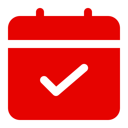 Red calendar icon with a checkmark, symbolizing a scheduled appointment.