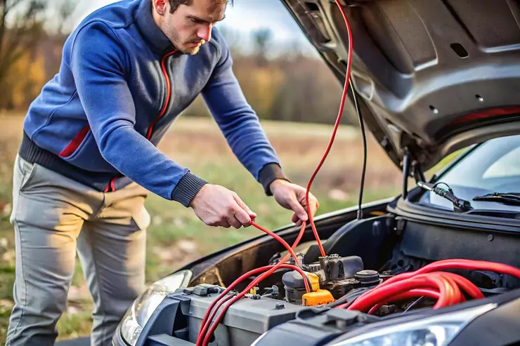 Man jumpstarting a car battery using red jumper cables with the car hood open, outdoors in a field.