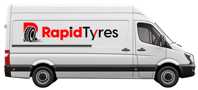 White Rapid Tyres mobile van with company logo on the side, featuring a red and black design.