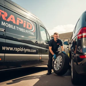 Rapid Tyres mobile technician replacing a car tyre on-site in the UK