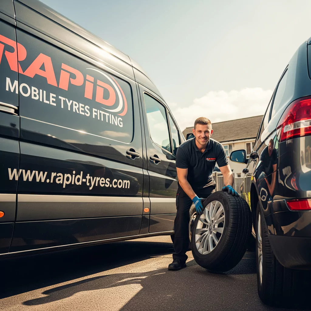 Rapid Tyres mobile technician replacing a car tyre on-site in the UK