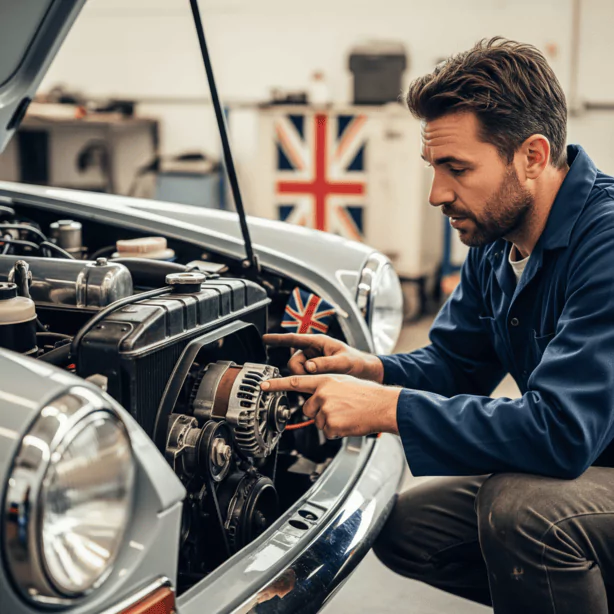 Mechanic performing maintenance on classic British car engine in UK garage