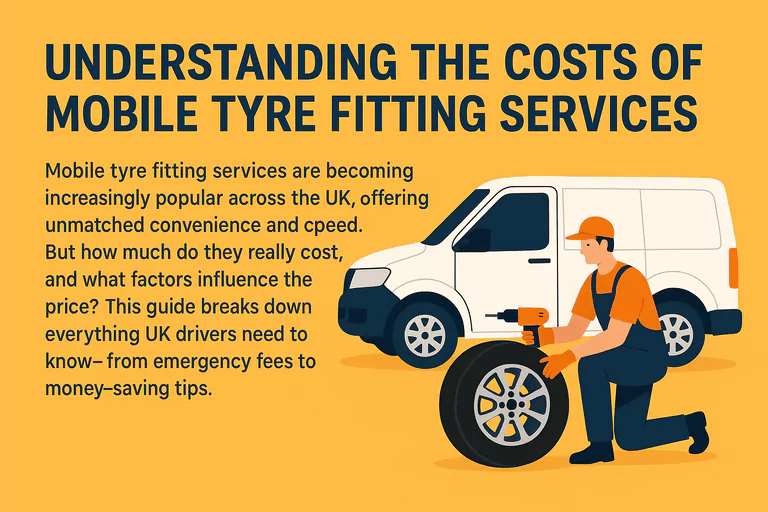 Illustration of a mobile tyre technician using a drill beside a van, explaining UK mobile tyre fitting costs