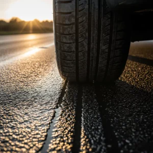 Close-up of a car tyre on a wet road with sunset reflections, symbolizing reliable mobile tyre fitting services.