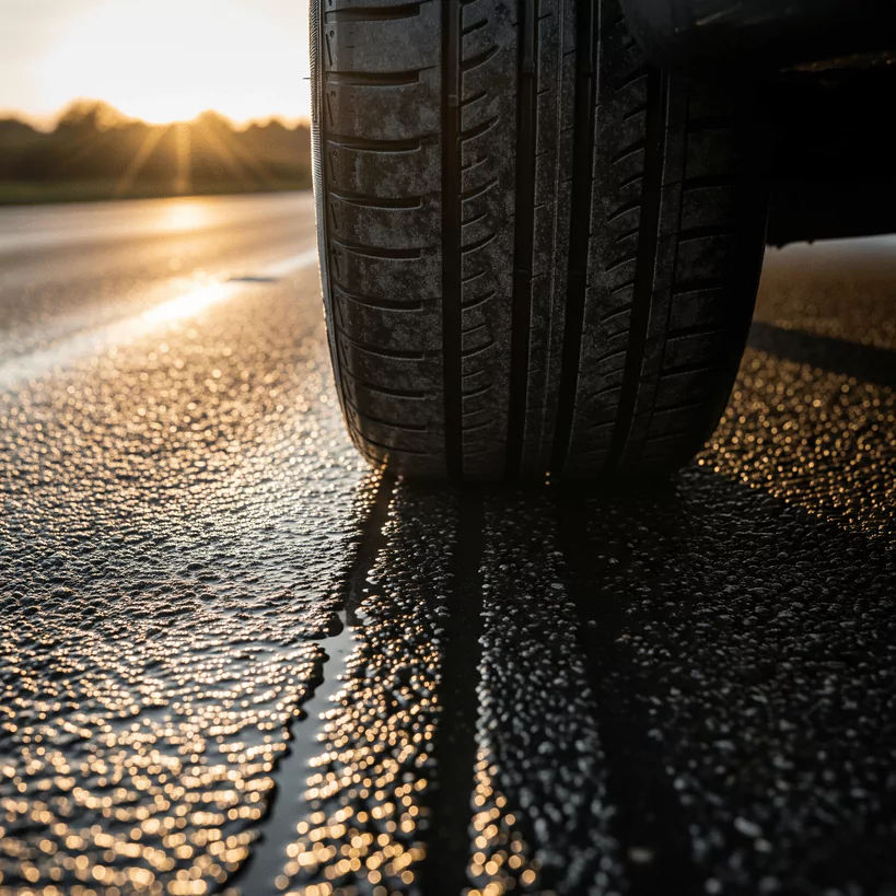 Close-up of a car tyre on a wet road with sunset reflections, symbolizing reliable mobile tyre fitting services.