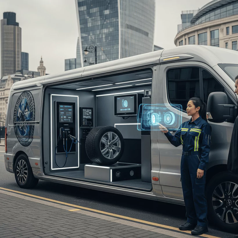 Advanced Rapid Tyres mobile tyre fitting van with a technician demonstrating futuristic holographic tire diagnostics in a city setting.