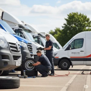 wo Rapid Tyres technicians performing mobile tyre fitting service on a van, surrounded by their fleet of service vehicles.