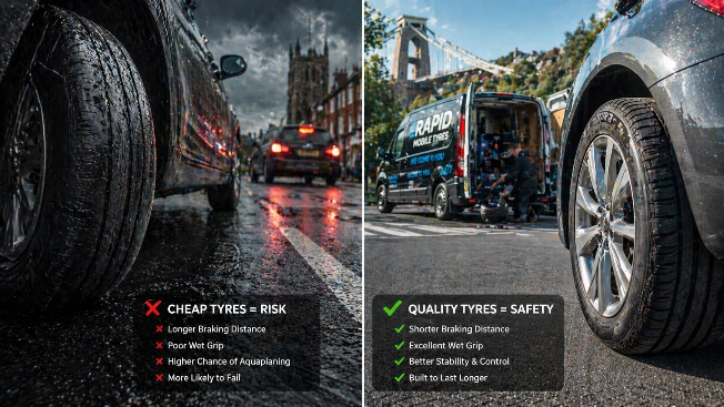 cheap vs quality tyres comparison showing wet road braking risk and safe tyre performance in Bristol
