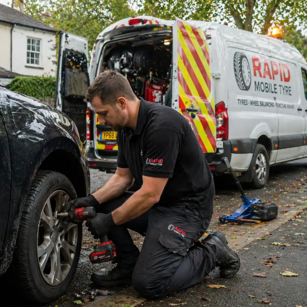 Technician repairing a tyre on a car with a van in the background.