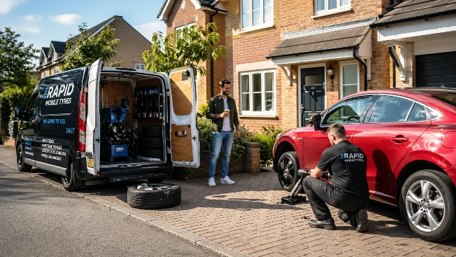 mobile tyre fitter replacing car tyre at home driveway in Bristol with service van and tools