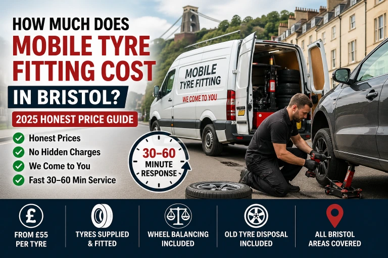 How much does mobile tyre fitting cost in Bristol 2025 with technician fixing flat tyre at roadside