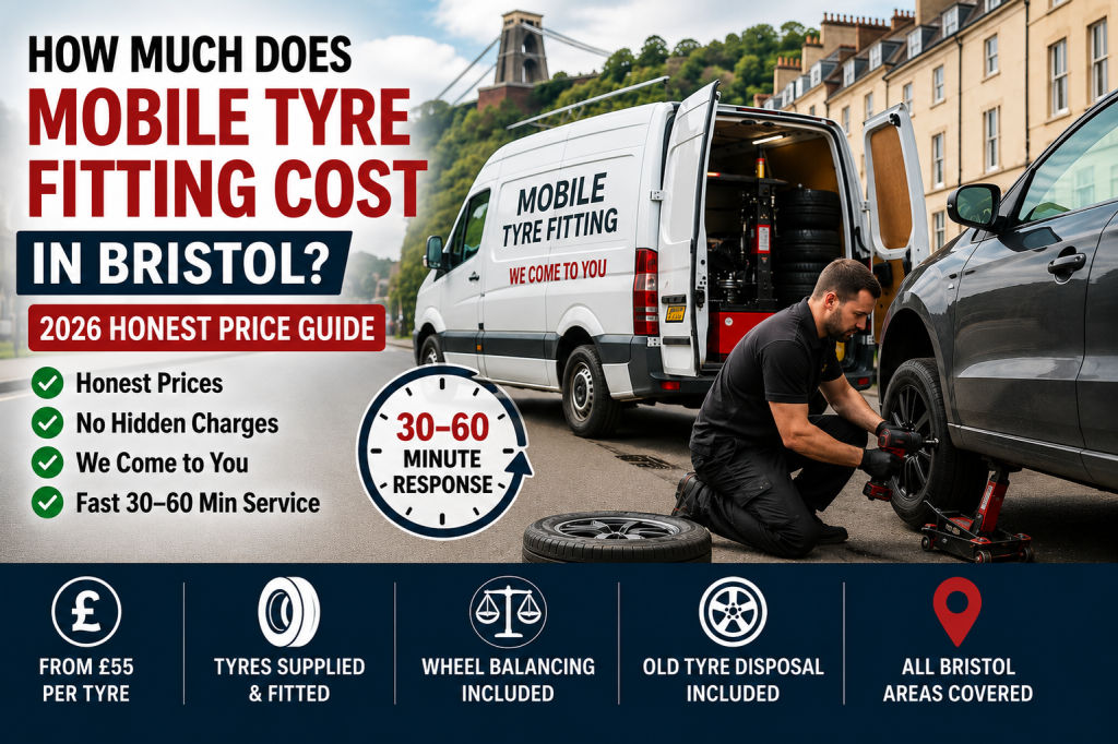 How much does mobile tyre fitting cost in Bristol 2026 with technician fixing flat tyre at roadside