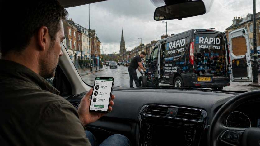 mobile tyre fitting cost in Bristol with driver checking price on phone while tyre is being replaced roadside