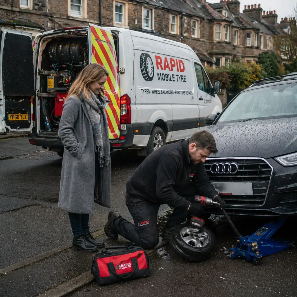 Mobile tyre technician repairing a flat tyre for a customer on a Bristol street with Rapid Mobile Tyre van