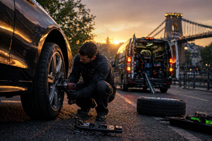 professional mobile tyre fitter replacing tyre in Bristol at roadside during evening with service van