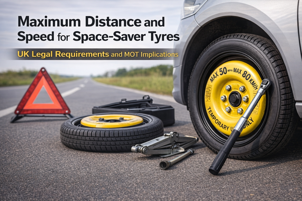 Space-saver spare tyre fitted on a car with 50 mph speed limit marking, roadside warning triangle and tools on a UK road