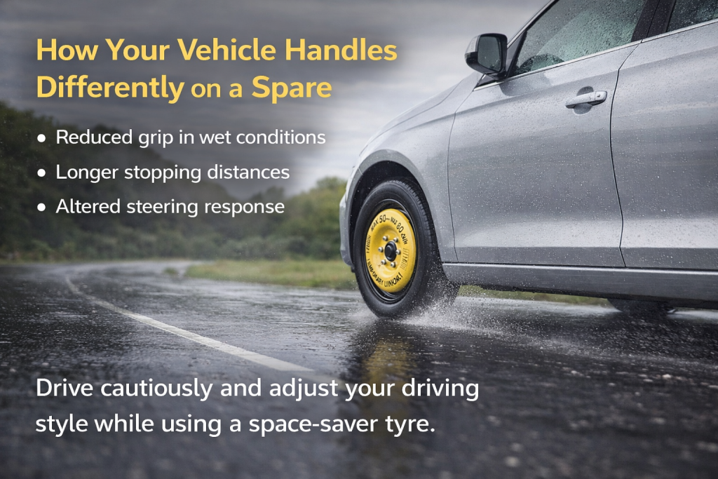 Car driving on a wet UK road with a space-saver spare tyre, showing reduced grip and handling in rainy conditions
