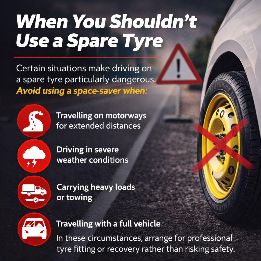 Space-saver spare tyre with warning symbol and red cross, showing situations when not to use a spare tyre on UK roads