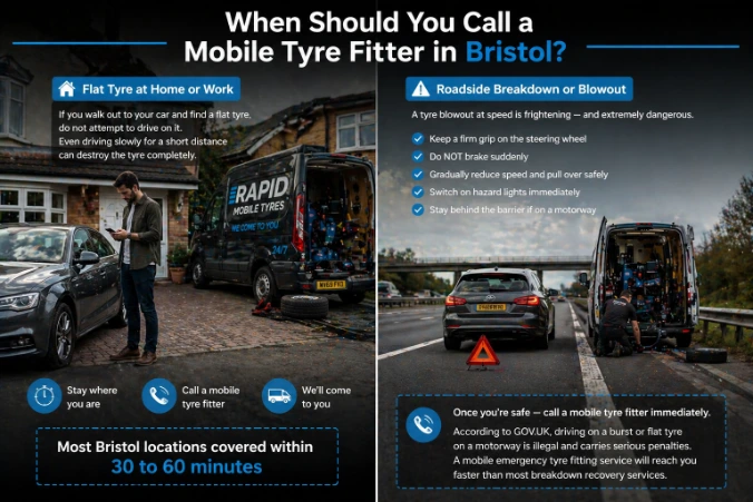 when to call mobile tyre fitter Bristol flat tyre at home and roadside breakdown emergency situations